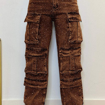 Women's Casual Jeans With Pockets And Diamonds Overalls