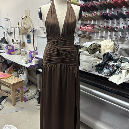 Socialite Style Hot Girl V-neck Halter Sexy Slit Pleated Dress