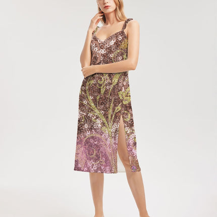 BEAUTIFUL PURPLE GITTER DESIGN CREATED BY FLIPSTYLEZ Women's All-Over Print Tie Strap Split Dress