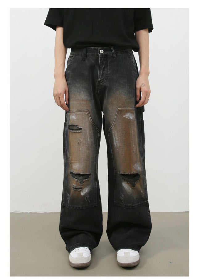 Street Retro Jeans Men's Loose Hole Straight-leg Trousers