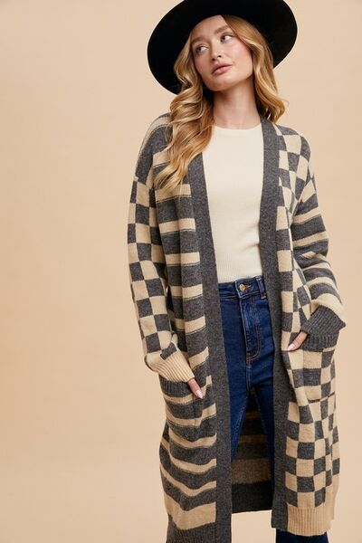 Annie Wear Checkered & Striped Open Front Long Sleeve Cardigan #2