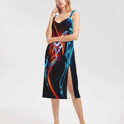 ELECTRICLY BLUE AND RED DESIGN BY FLIPSTYLEZ Women's All-Over Print Tie Strap Split Dress
