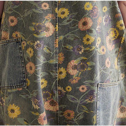 Women's Retro Nostalgic Print Ripped Denim Overalls