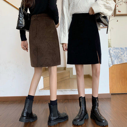 Plus Size Corduroy Skirt With High Waist Slits
