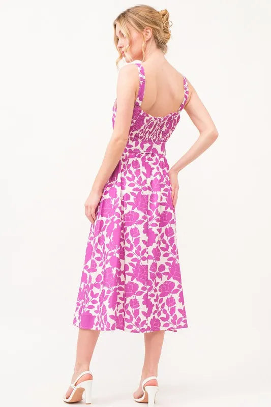 And The Why Square Neck Belted Floral Printed Midi Dress