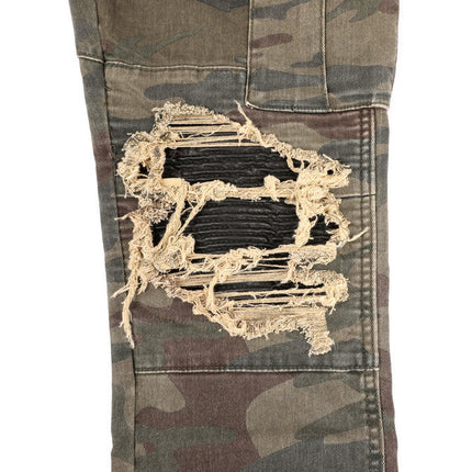Camouflage Jeans Washed And Ripped Cat's Whiskers And Leather
