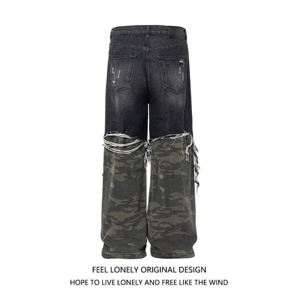 Men's American High Street Stitched Camouflage Wide Leg Jeans