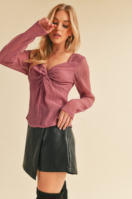 Aemi + Co Twisted Sweetheart Neck Long Sleeve Blouse