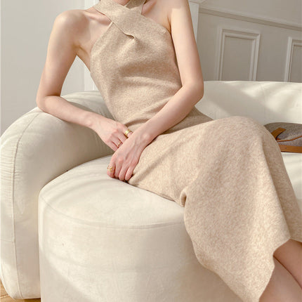 Women's Slim Fit Slim Pack Hip Cross Halter Over Knee Knit Dress