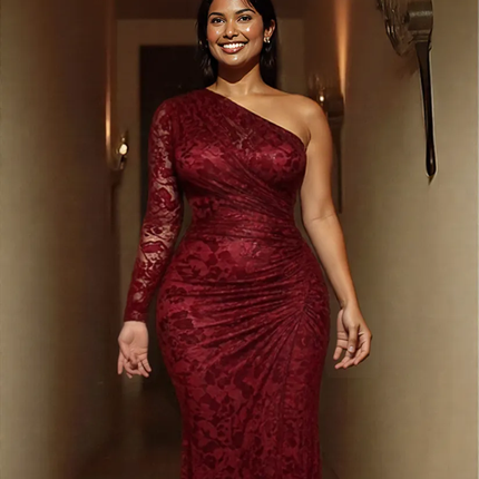 New Sexy red One Shoulder Lace Fishtail Ruched Slit Party Maxi Dress