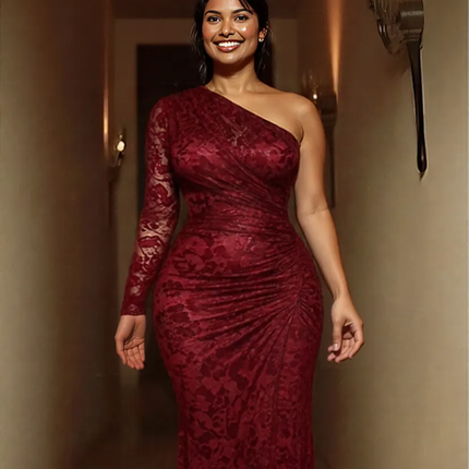 New Sexy red One Shoulder Lace Fishtail Ruched Slit Party Maxi Dress