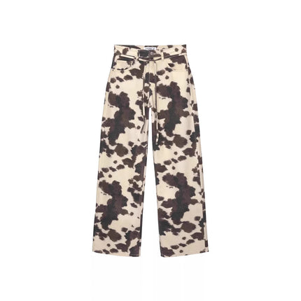 Womens Retro Washed Denim Jeans With Cow Print