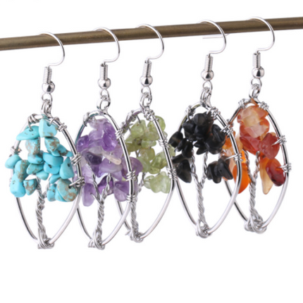 Natural Crystal Crushed Stone Earrings Handmade Tree Of Life Women's Turquoise
