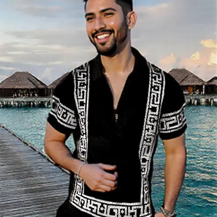 Men's Summer Fashion 3D Printed Short Sleeve Geometric Zip Lapel Shirt Set