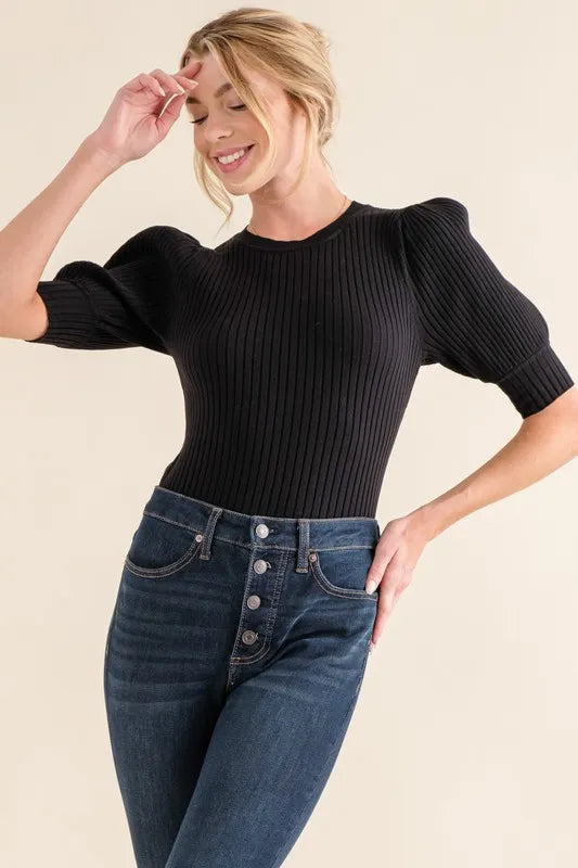 And The Why Puffed Half Sleeve Rib Basic Bodysuit