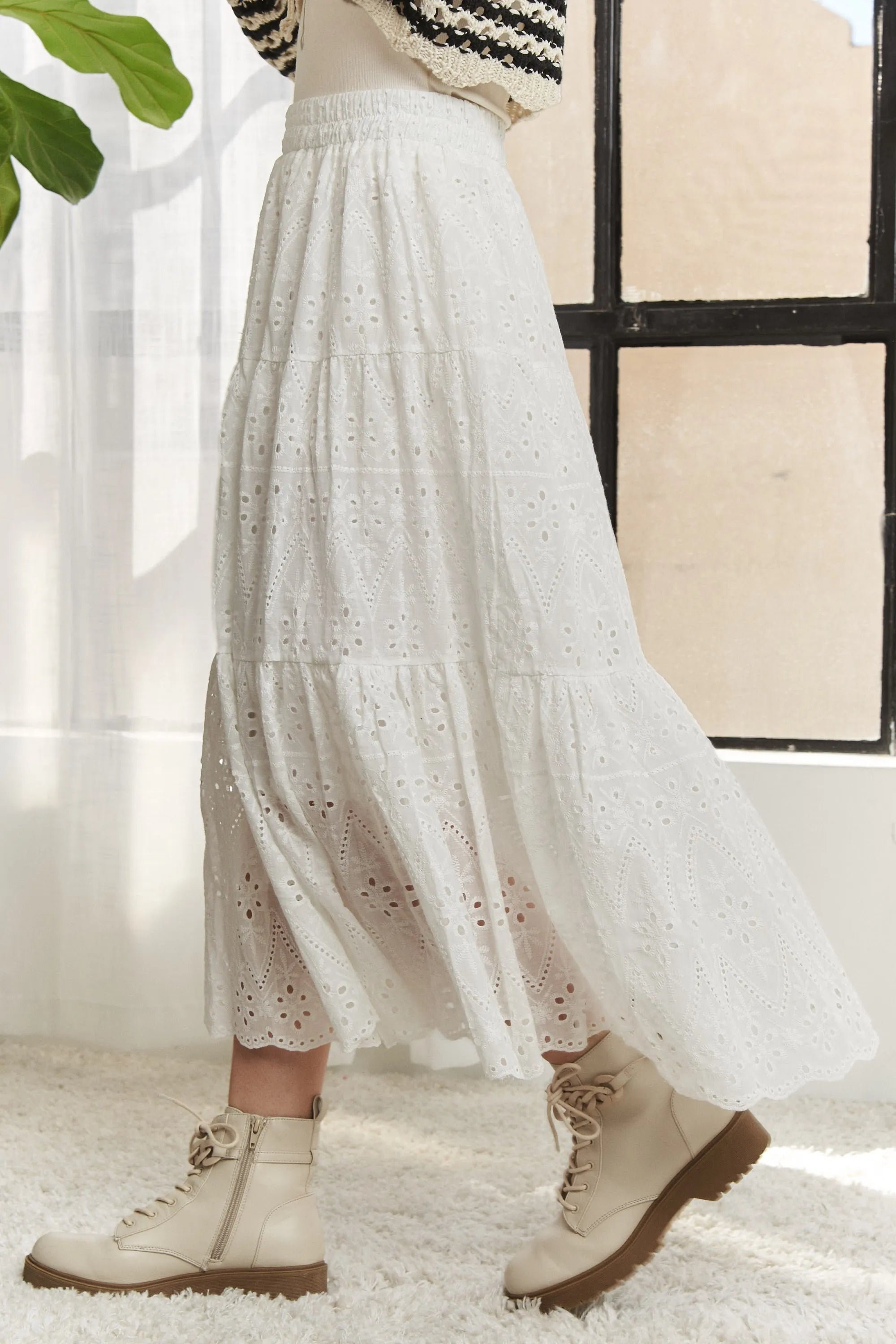 ADORA Elastic Waistband Tiered Midi Skirt