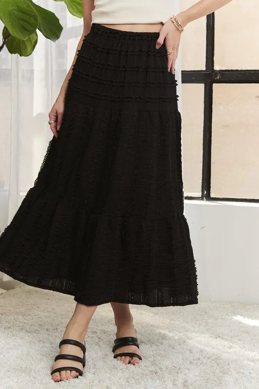 ADORA Elastic Waistband Tiered Midi Skirt