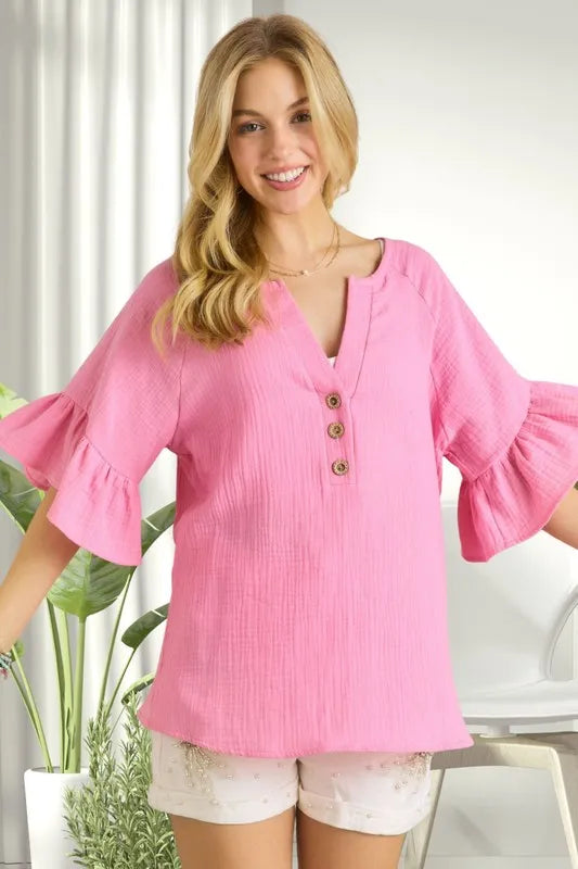 ADORA Ruffle Sleeve Crinkle Top