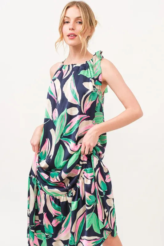 And The Why Botanical Printed Halterneck Tiered Maxi Dress
