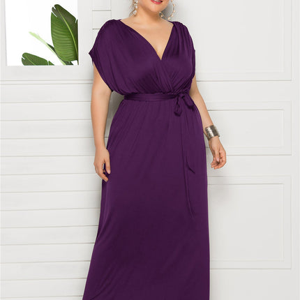 Plus Size Solid Color V-Neck Loose Swing Dress