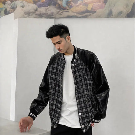 BLACK Urban style Loose Plus Size Leather Plaid Baseball Jacket