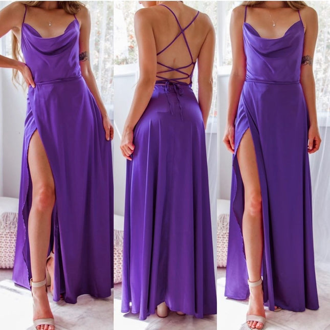 Women's Elegant Backless Split Maxi Dress – High Waist V-Neck Belted Gown