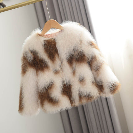 Girls' Woven Paint Contrast Fur Coat