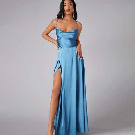 Women's Elegant Backless Split Maxi Dress – High Waist V-Neck Belted Gown
