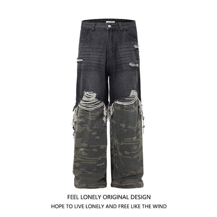 Men's American High Street Stitched Camouflage Wide Leg Jeans