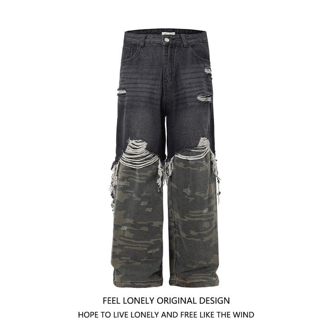 Men's American High Street Stitched Camouflage Wide Leg Jeans