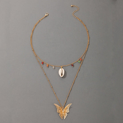 Simple Retro Ethnic Butterfly Shell Color Beads 2 Layer Necklace
