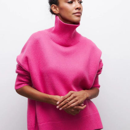 Vibrant Pink Oversized Turtleneck Knit Sweater | Women's Fuchsia High-Neck Party Pullover