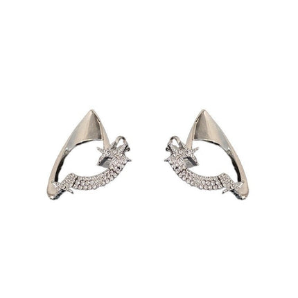 Silver Elven Ear Cuff Earrings | Shooting Star Crawler Studs with Pave Zirconia | Gothic Fairy Wing Jewelry | Celestial Wrap Studs for Women