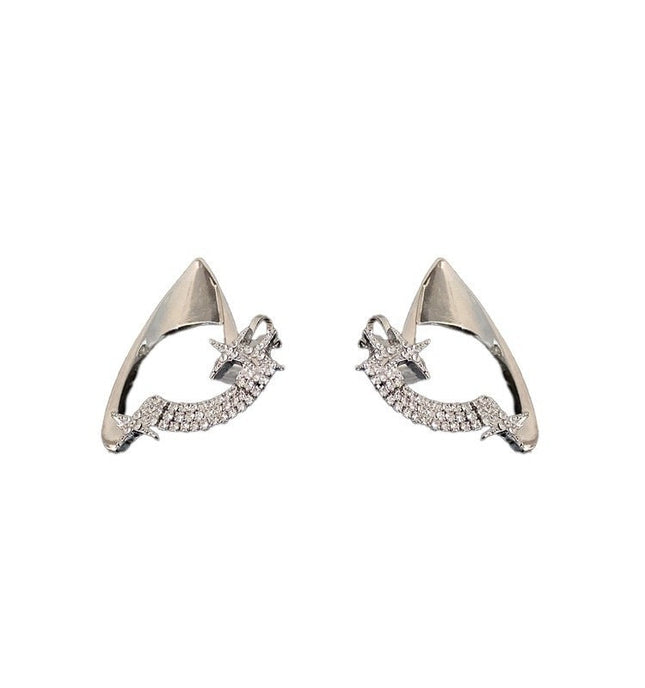 Silver Elven Ear Cuff Earrings | Shooting Star Crawler Studs with Pave Zirconia | Gothic Fairy Wing Jewelry | Celestial Wrap Studs for Women