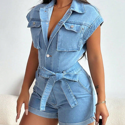Tie Waist Cap Sleeve Denim Romper