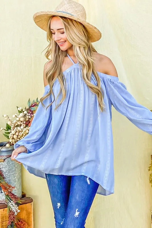 And The Why Stripe Printed Cold Shoulder Halter Neck Top