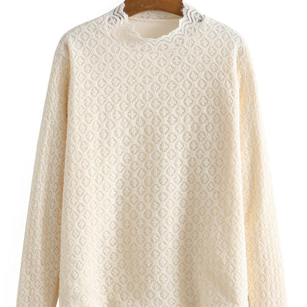 Loose Plus Size Women's Fleece Half Turtleneck Lace T-shirt