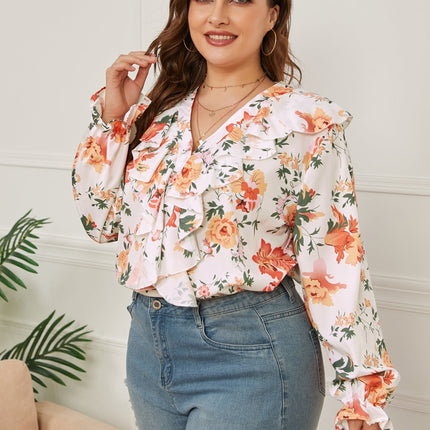 European And American Plus Size Women's Printed Ruffled Loose V-neck Shirt