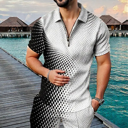 Men's Summer Fashion 3D Printed Short Sleeve Geometric Zip Lapel Shirt Set
