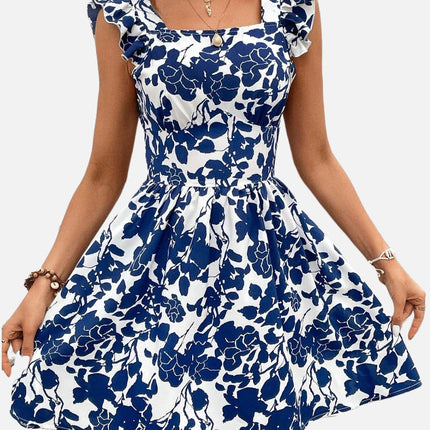 Printed Lace-up Back Backless Frill Holiday Dress
