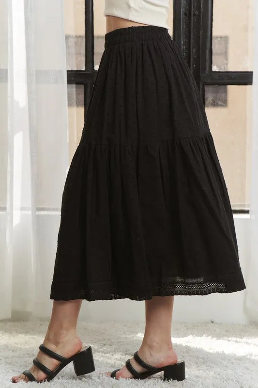 ADORA Elastic Waistband Tiered Midi Skirt