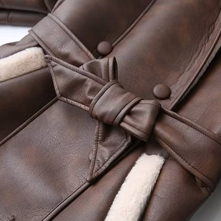 Fashion Cashmere Leather Fur Collar Composite Belt Coat