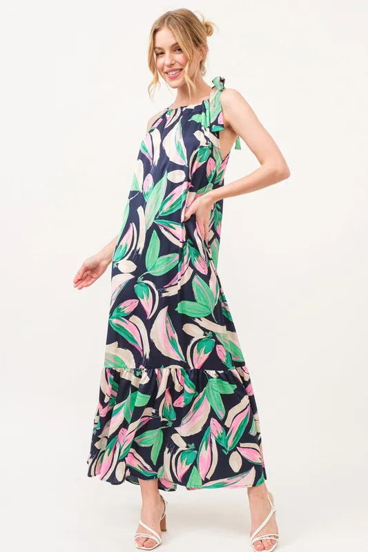 And The Why Botanical Printed Halterneck Tiered Maxi Dress