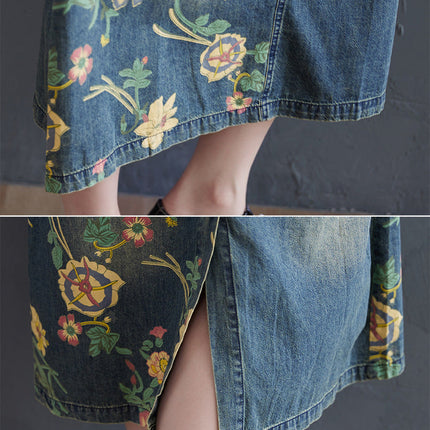 Women's Plus Size Retro Age-reducing Denim Print Suspender Skirt