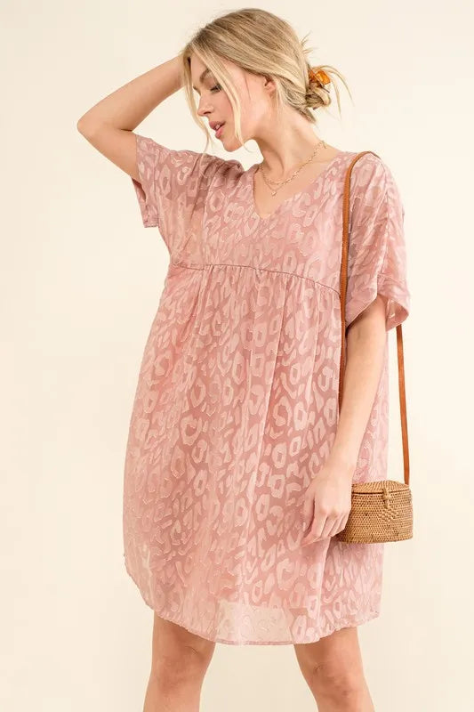 And The Why Woven Leopard Baby Doll Roll-Sleeve Casual Dress