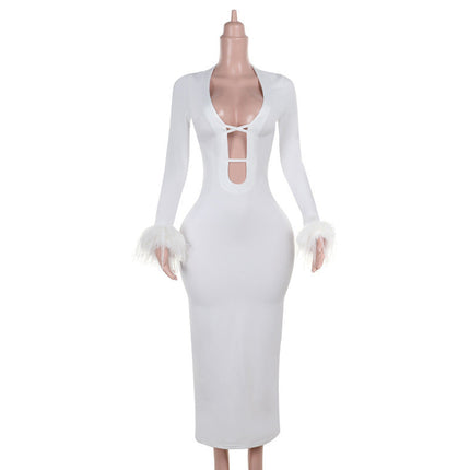 New sexy White Autumn U bust line Hollow Feather sleeves Long Dress for women