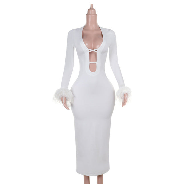 New sexy White Autumn U bust line Hollow Feather sleeves Long Dress for women