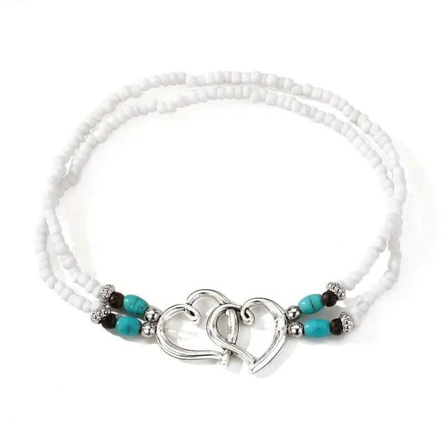 Double Openwork Heart Beaded Anklet Set with Mini Seed Beads