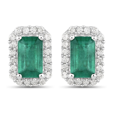 0.91 Carat Genuine Zambian Emerald and White Diamond 14K White Gold Earrings