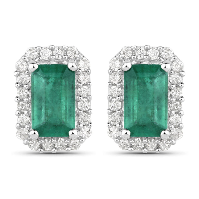 0.91 Carat Genuine Zambian Emerald and White Diamond 14K White Gold Earrings